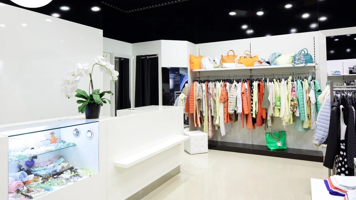 Interior de loja de roupas com araras de peças coloridas e bolsas na prateleira